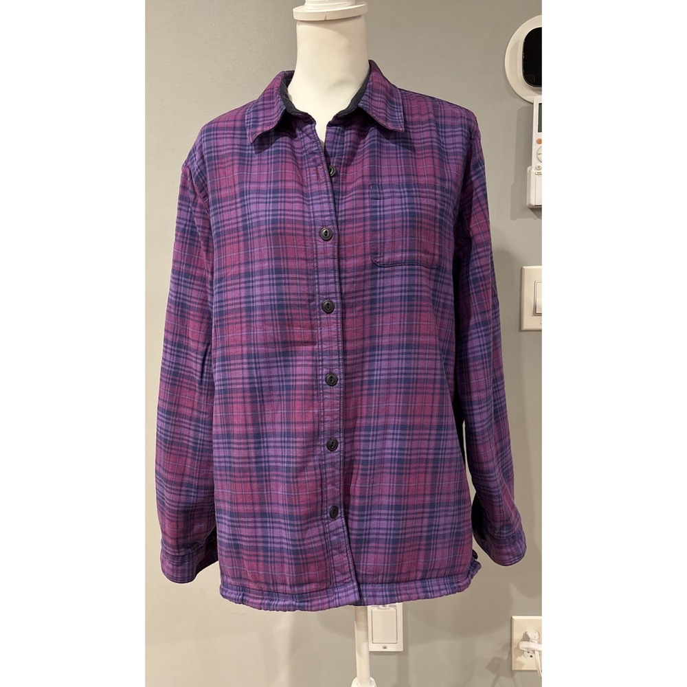 LL Bean Cotton Purple Plaid Fleece Lined Jacket Shacket Warm Cozy Weekend M